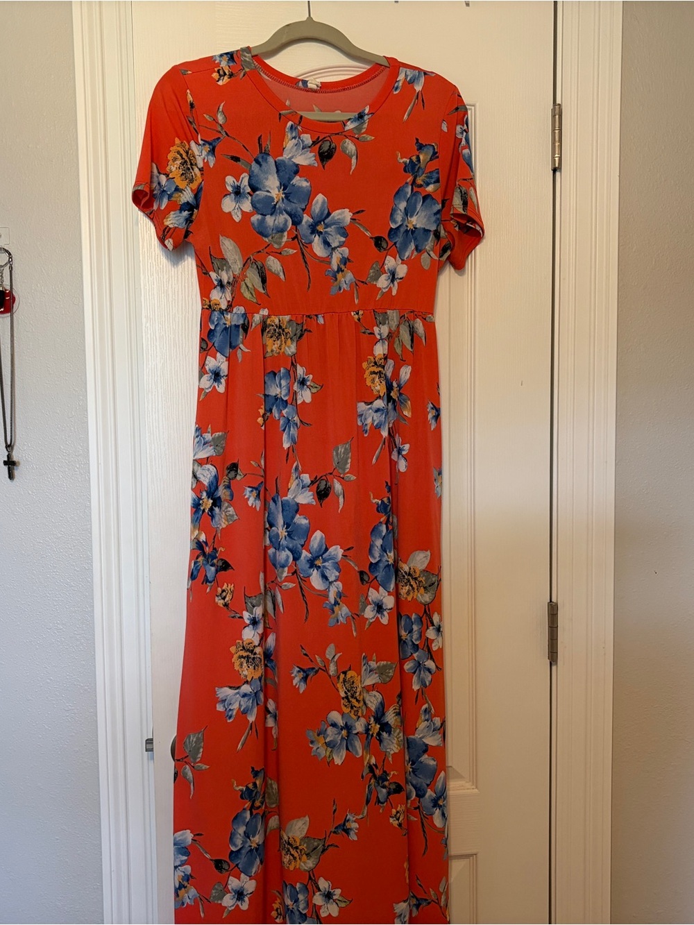 Pinkblush Coral Maxi Dress with Blue Floral Print
